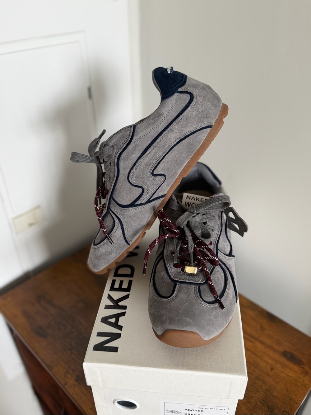 Naked Wolfe Gray Suede Sneakers with Navy Trim and Gum Sole